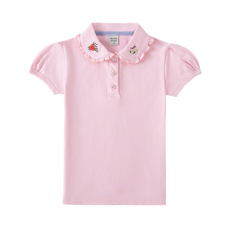 Girls short-sleeved T-shirt summer new cotton baby lapel white half-sleeved pupils tops children's pool shirt