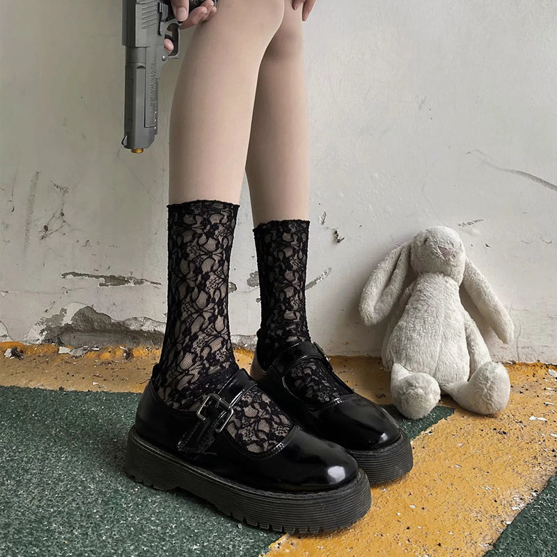 Medium tube socks lace pile socks JK Socks White Black spring summer thin socks Japanese Mary Jane shoes socks