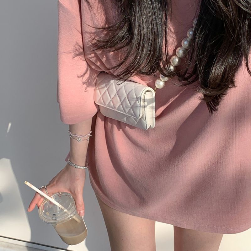 Texture Small Bag  Spring/Summer New Pearl Chain Chest Bag Korean Version Lingge Small Square Bag Single Shoulder Oblique Straddle Bag for Women