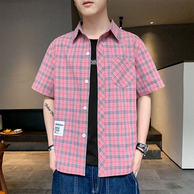 Plaid shirt men's short-sleeved sleeves casual spring and summer inch shirt top with Hong Kong style Japanese shirt men's jacket