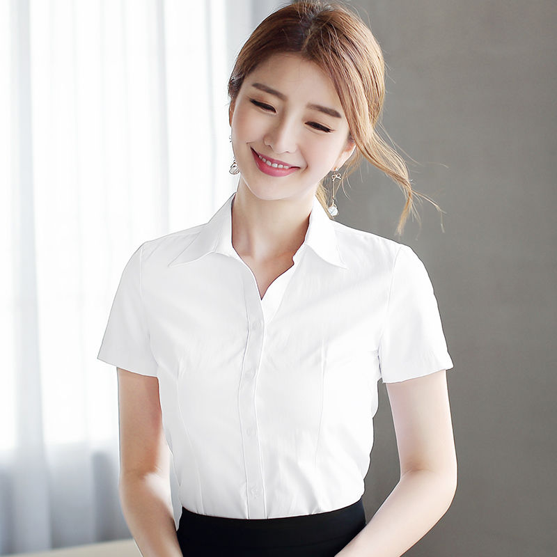 v领白衬衫女短袖夏季新款职业装正装工作服韩版通勤方领女装衬衣
