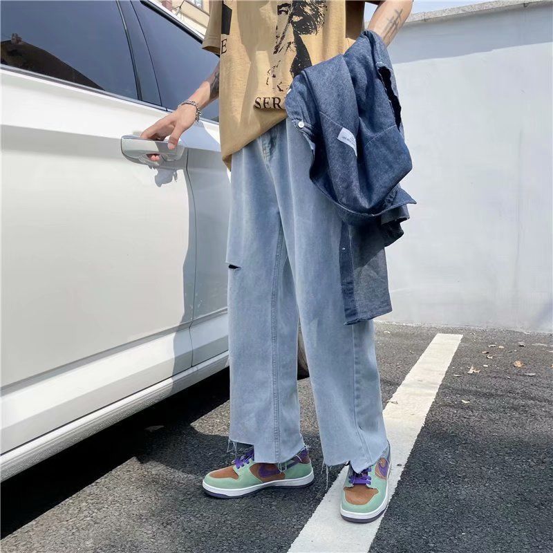 毛邊破洞牛仔褲男夏季潮牌直筒寬鬆九分褲ins潮流百搭痞帥闊腿褲