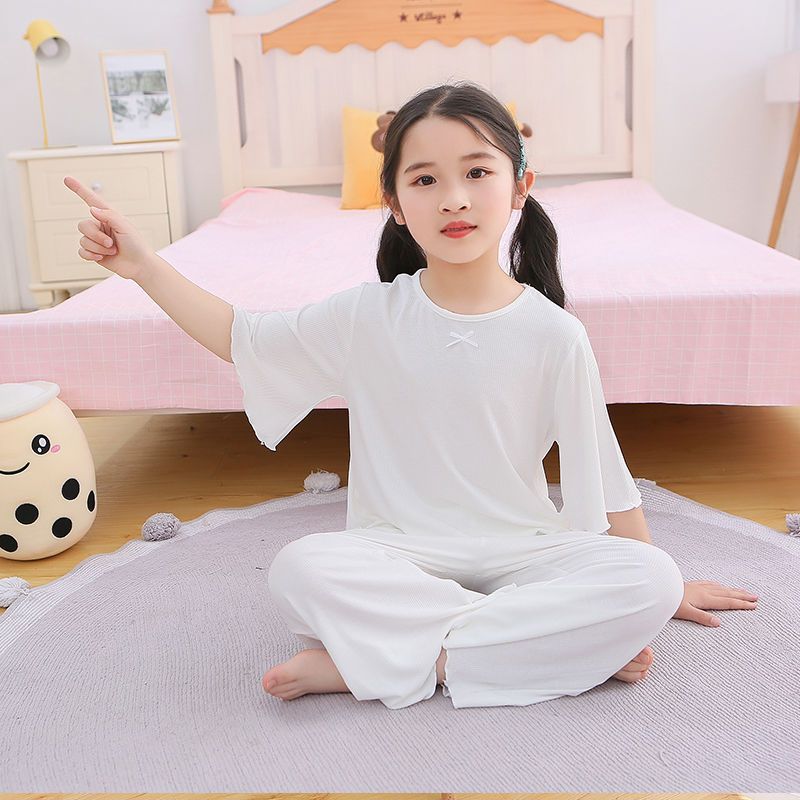 Children's modal pajamas set girl's mid-sleeve nine-point pants home service two-piece set children's middle-aged and older children's air-conditioned clothes
