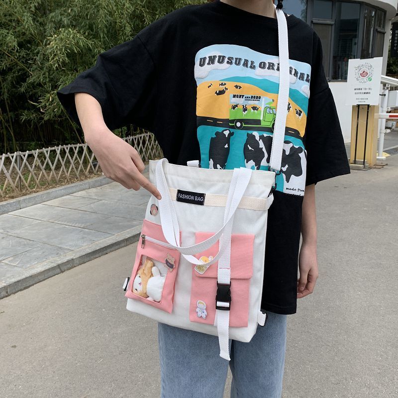 帆布包女斜挎學生大容量韓版新款ins雙肩書包簡約百搭單肩手提袋