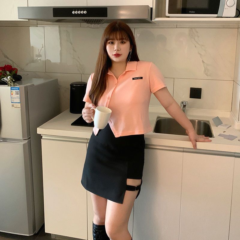 大碼女裝2021夏新款T恤短袖上衣女顯瘦胖mm不規則黑色半身裙套裝