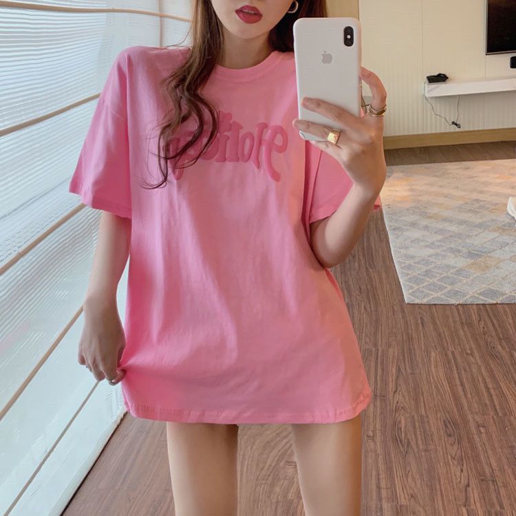 简约字母宽松中长款短袖t恤女2021夏季新款韩版圆领半袖粉色上衣