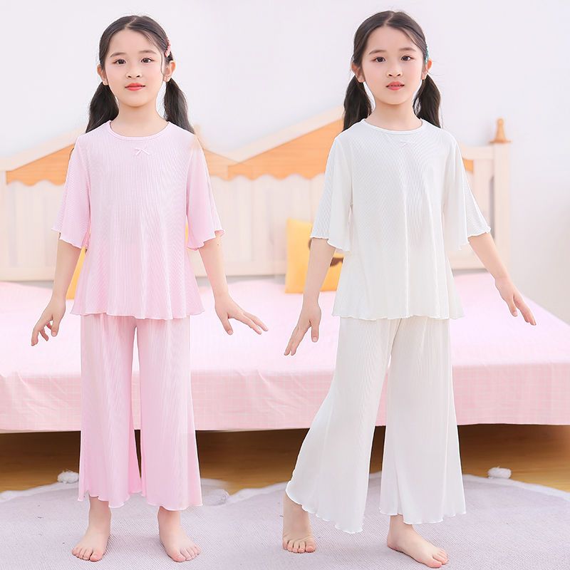 Children's modal pajamas set girl's mid-sleeve nine-point pants home service two-piece set children's middle-aged and older children's air-conditioned clothes