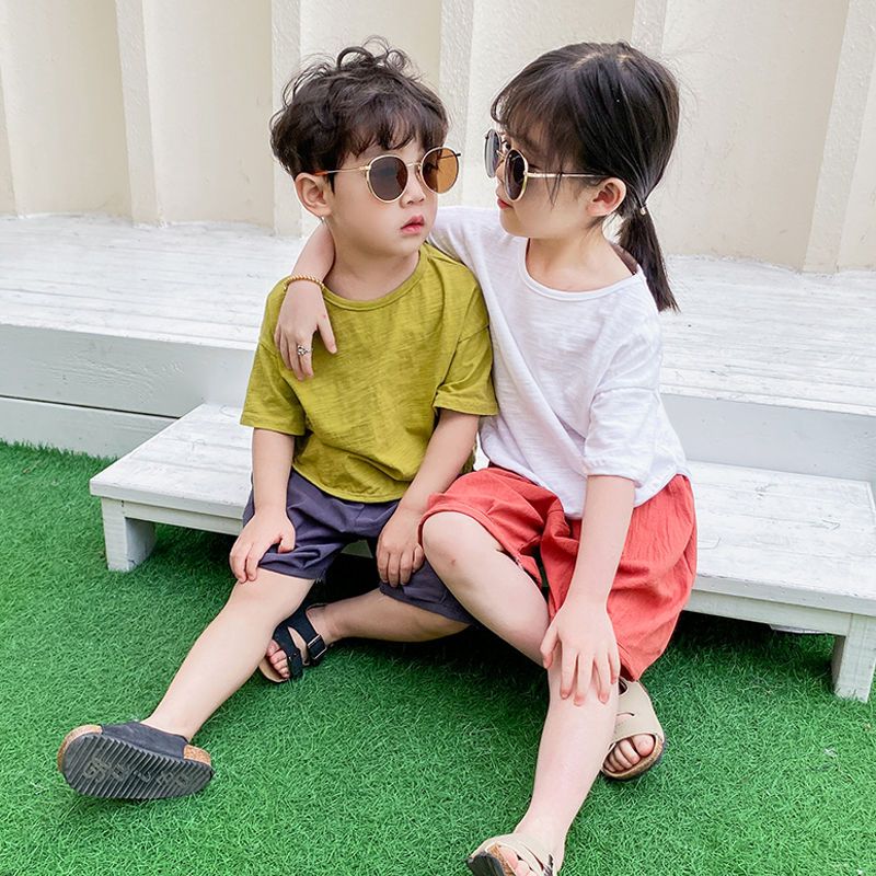 Children's summer suit 2022 new boys' and girls' bamboo pure cotton T-shirt, children's Korean Short Sleeved pumpkin pants