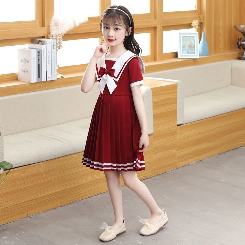 女童连衣裙夏装新款短袖网红日系学生学院风洋气水手百褶裙