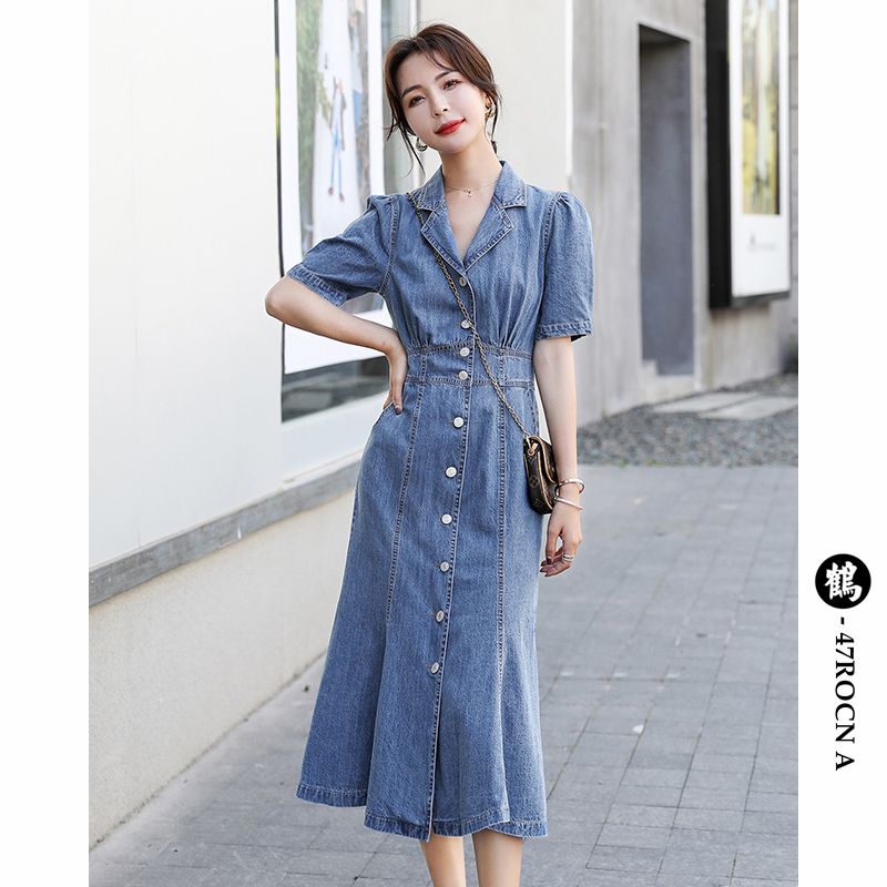 西装领牛仔连衣裙女夏季2022新款修身显瘦复古做旧法式鱼尾长裙子