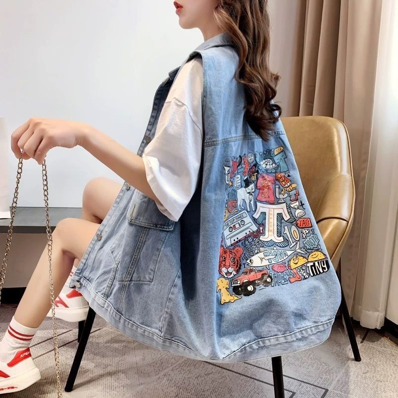 Denim vest women's loose 2023 new fashion spring and summer Korean version of BF printed hole vest vest outer wear tide