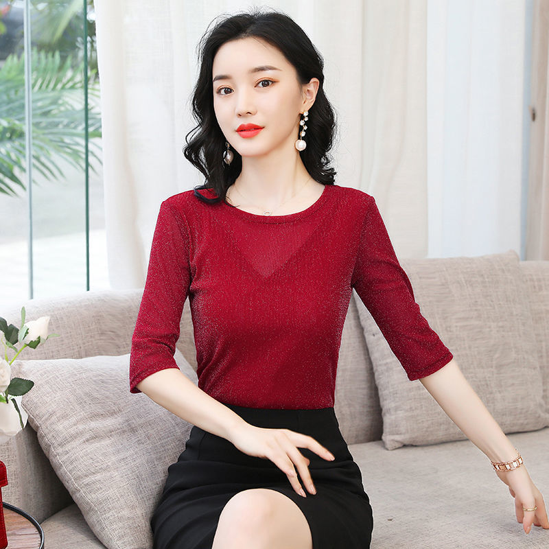 春夏新款氣質顯瘦上衣圓領中袖t恤女大碼亮絲網紗時尚洋氣打底衫