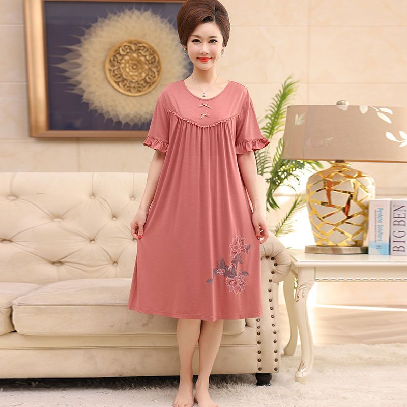 S-5XL code modal nightdress women's summer pure cotton mid-length skirt for pregnant women middle-aged and elderly mothers large size pajamas outer wear