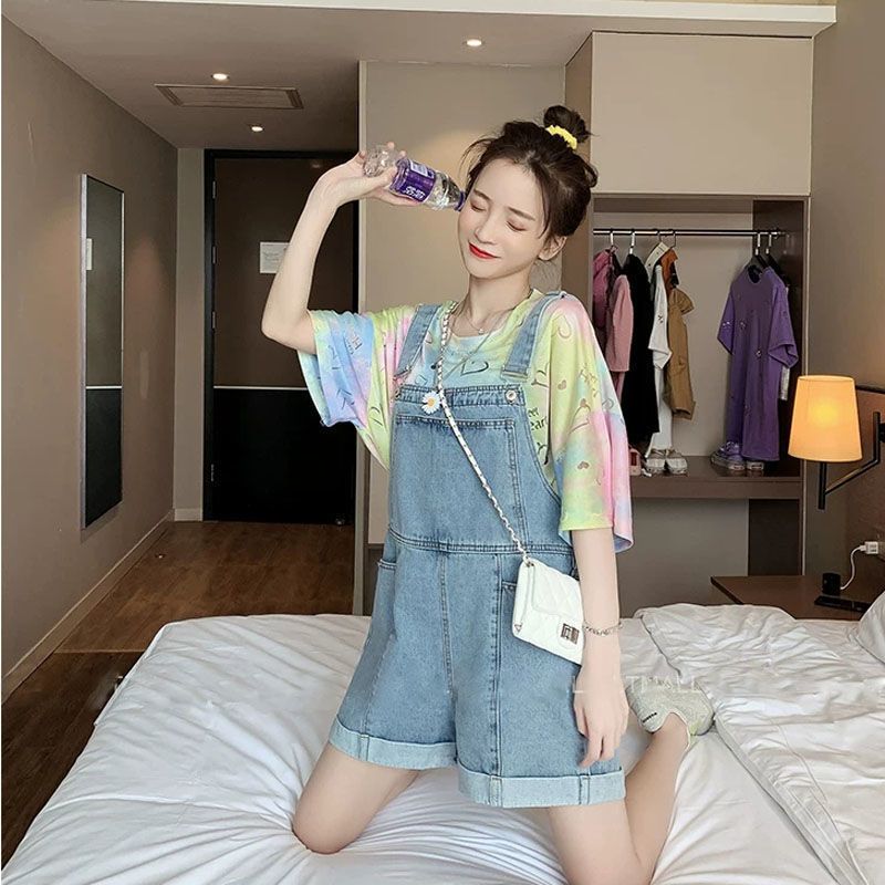 Single/Large Size Set 200 Jin Fat MM Denim Bib Shorts Loose T-Shirt Two-piece Set Internet Celebrity Age Reduction Versatile Summer