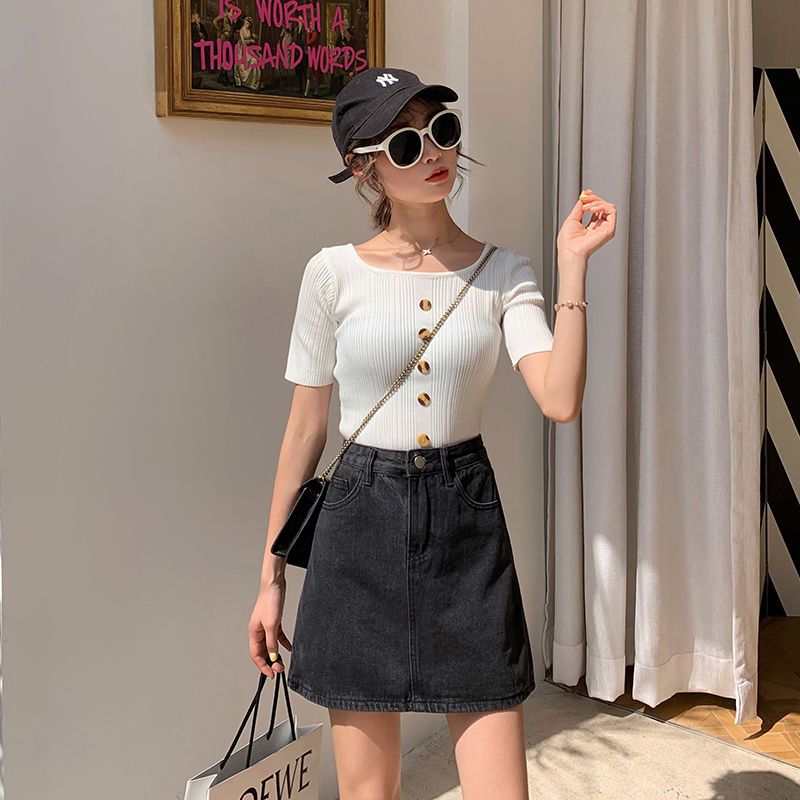 Denim a-line skirt women's 2021 spring and summer new Korean version of high waist slimming black skirt short skirt ins