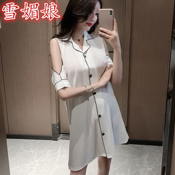 Nightdress women's summer and autumn ice silk sexy loose 2021 new trendy long-sleeved pure white autumn pajamas women's home service