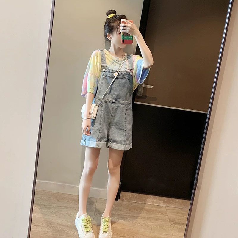 Single/Large Size Set 200 Jin Fat MM Denim Bib Shorts Loose T-Shirt Two-piece Set Internet Celebrity Age Reduction Versatile Summer