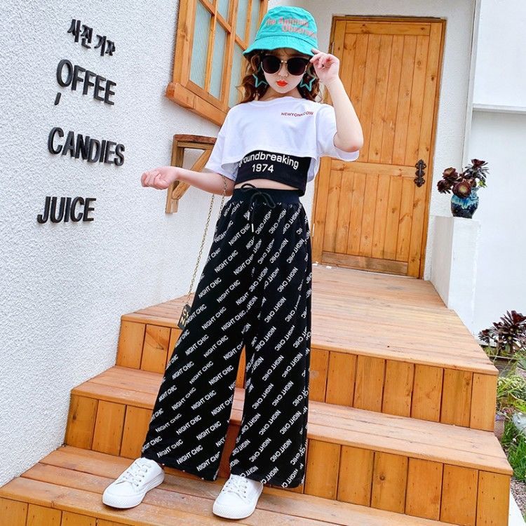 女童夏裝2021新款時髦闊腿褲套裝短袖兩件套中大兒童裝網紅潮洋氣