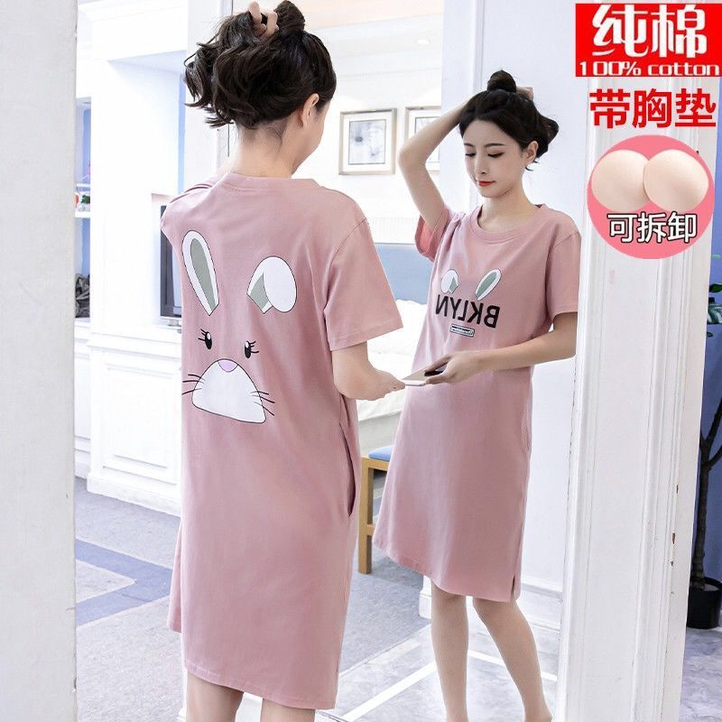 Cotton nightdress female summer short-sleeved with chest pad cute cartoon pajamas summer plus fat can be worn outside home service