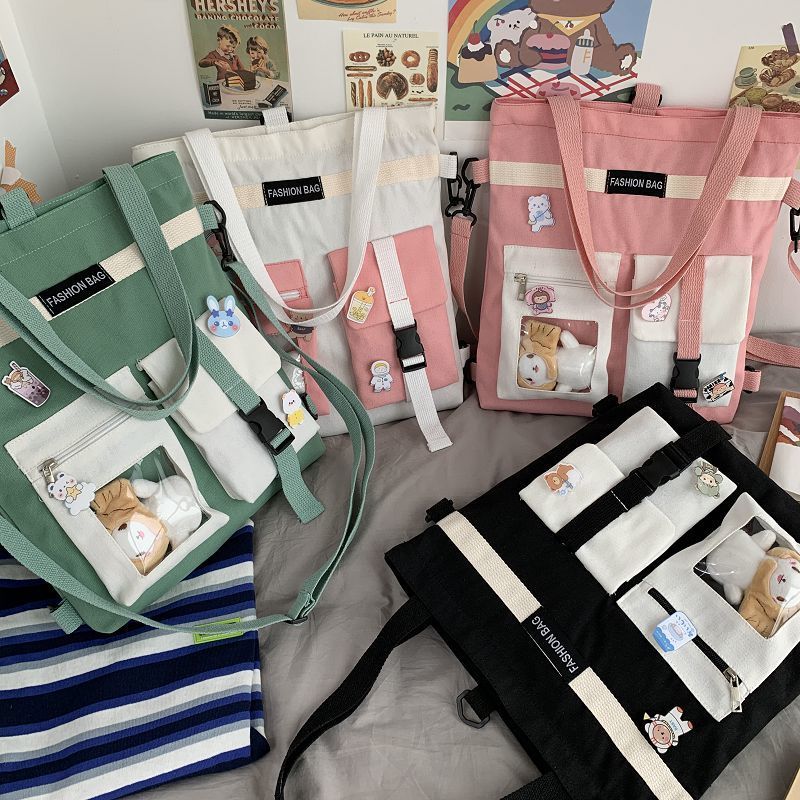 新款多用斜挎帆布包女學生裝書雙肩背包ins百搭大容量單肩手提包