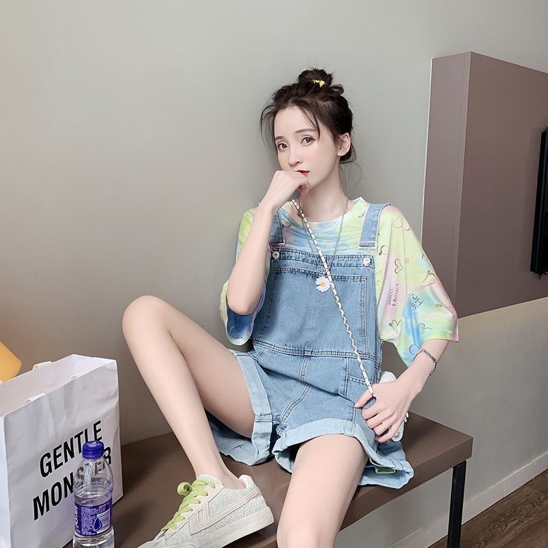 Single/Large Size Set 200 Jin Fat MM Denim Bib Shorts Loose T-Shirt Two-piece Set Internet Celebrity Age Reduction Versatile Summer