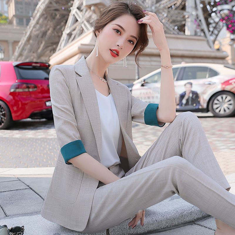 Thin small suit jacket women's three-quarter sleeve temperament two-piece suit summer new fashion foreign style mid-sleeved small suit