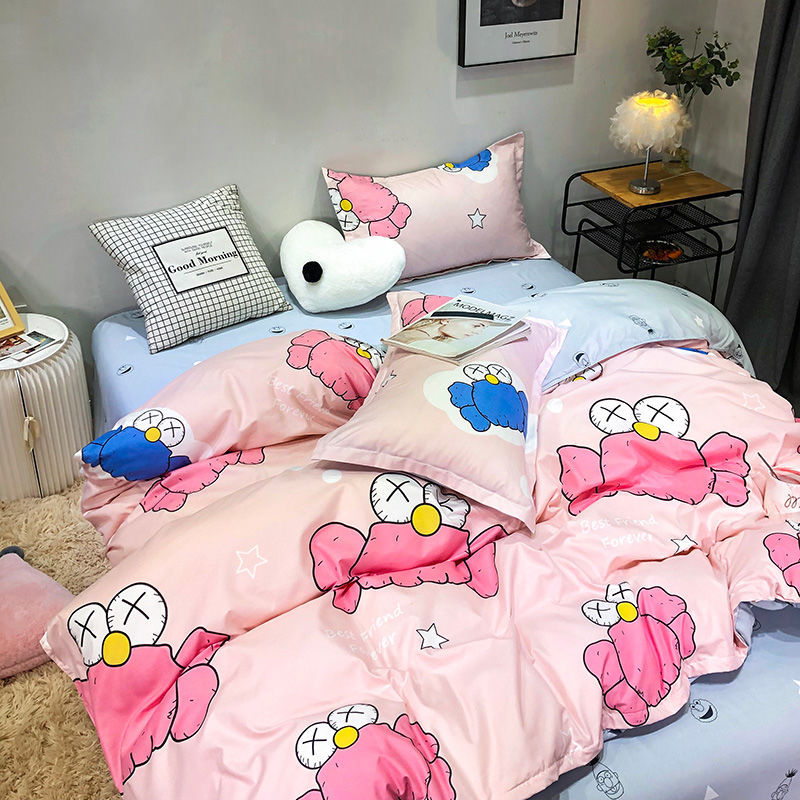 Cute cartoon single quilt cover, little bear four piece bedding set, simple and fresh washed cotton bed sheet, three piece quilt cover