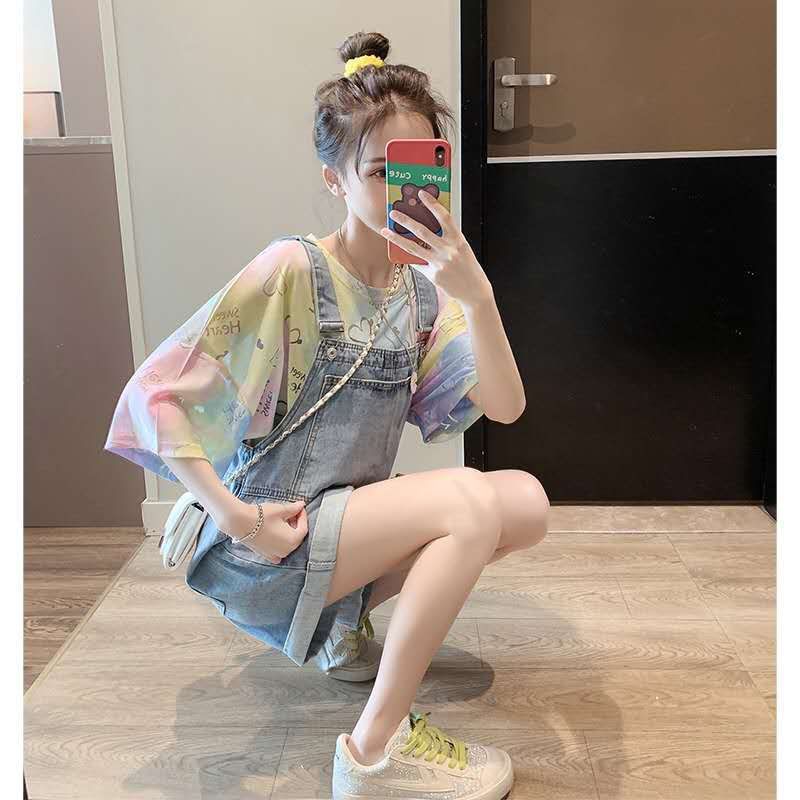 Single/Large Size Set 200 Jin Fat MM Denim Bib Shorts Loose T-Shirt Two-piece Set Internet Celebrity Age Reduction Versatile Summer