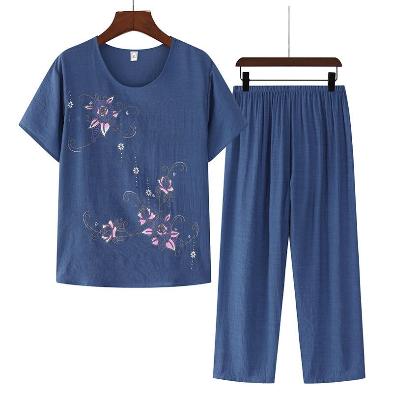 兩件裝中老年人休閒女外穿夏套裝中年媽媽短袖七分褲夏季兩件套