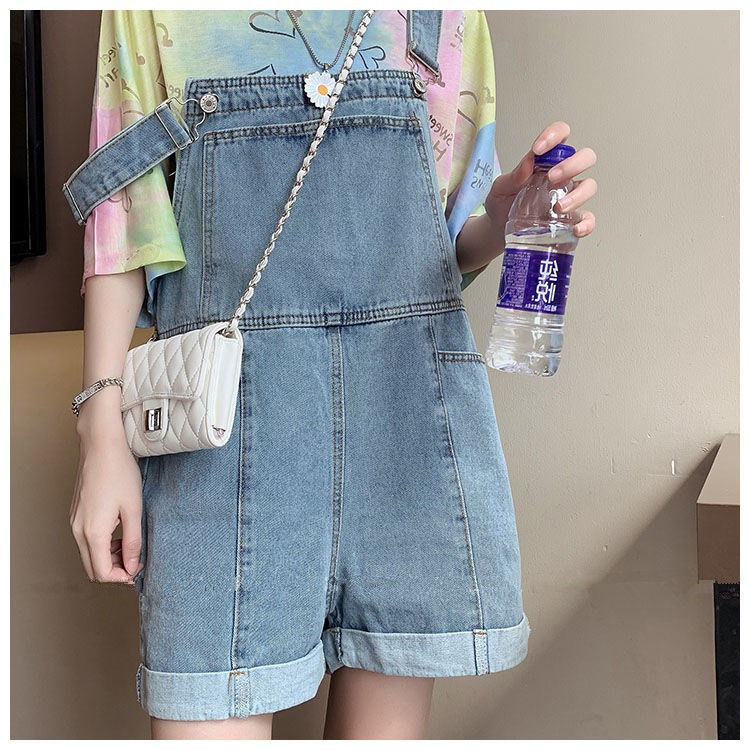 Single/Large Size Set 200 Jin Fat MM Denim Bib Shorts Loose T-Shirt Two-piece Set Internet Celebrity Age Reduction Versatile Summer