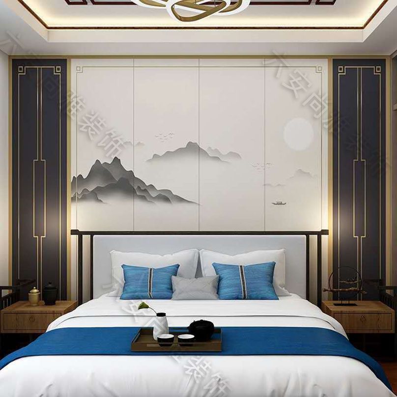 新中式背景墙硬包主卧轻奢金属条镶嵌软床头装饰电视门新中式墙画