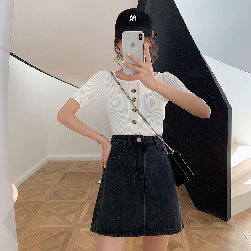 Denim a-line skirt women's 2021 spring and summer new Korean version of high waist slimming black skirt short skirt ins