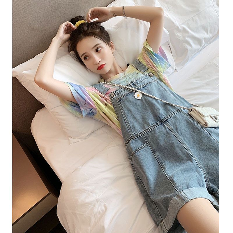 Single/Large Size Set 200 Jin Fat MM Denim Bib Shorts Loose T-Shirt Two-piece Set Internet Celebrity Age Reduction Versatile Summer