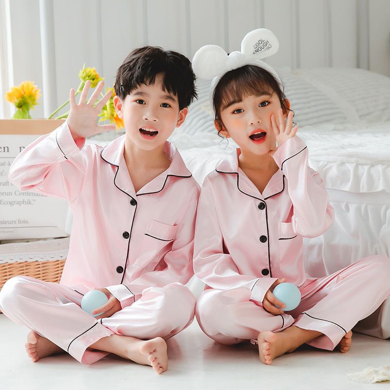Spring and autumn children's pajamas boys and girls ice silk short-sleeved thin section summer big children simulation silk suit home clothes