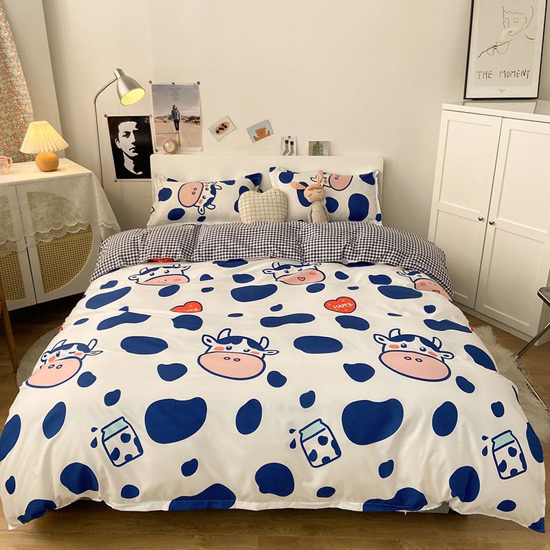 INS Nordic style home textile bedding four-piece cartoon cow quilt cover bed sheet person quilt cover student three-piece set 4