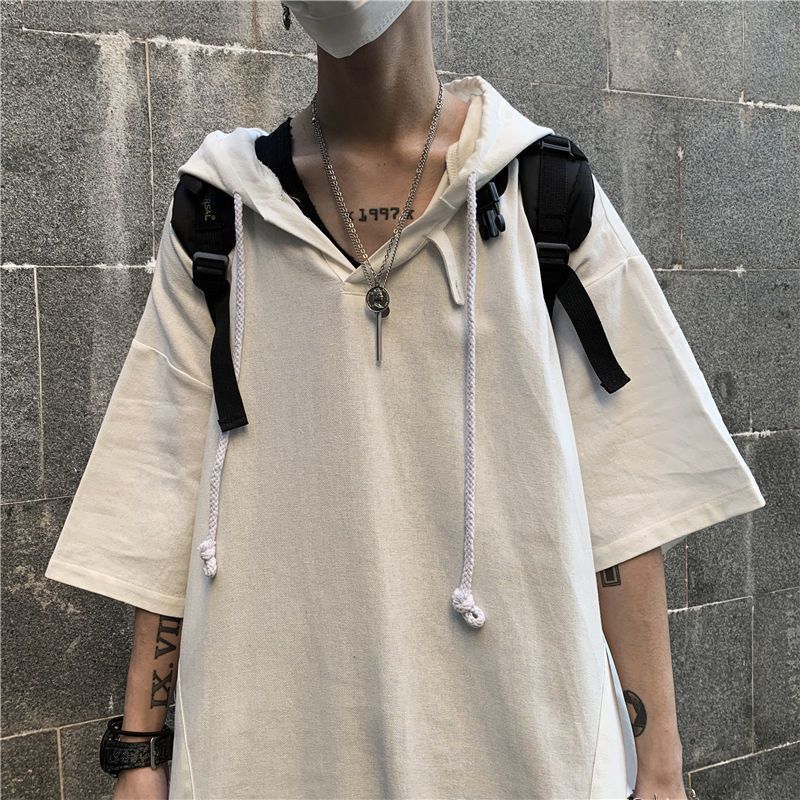 Harajuku Hong Kong Style Men's short sleeve T-shirt loose hooded sweater high street ins trend spirit guy middle sleeve handsome top