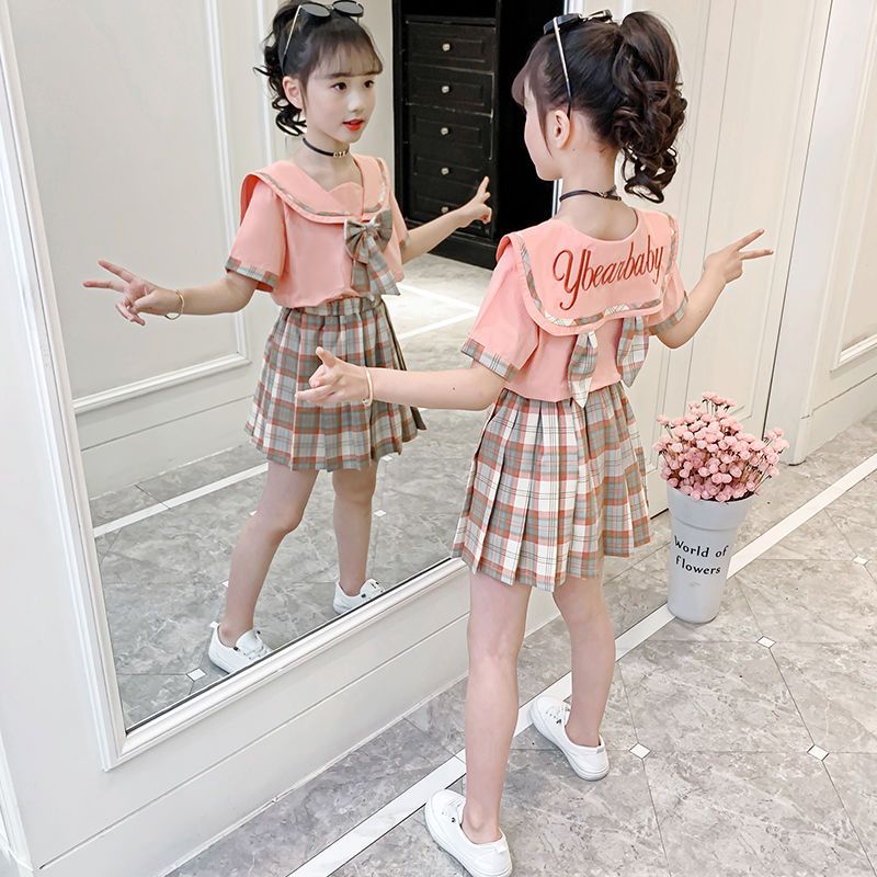 Girls' suit 2021 new summer dress foreign style JK uniform CUHK college wind skirt suit two piece children's suit