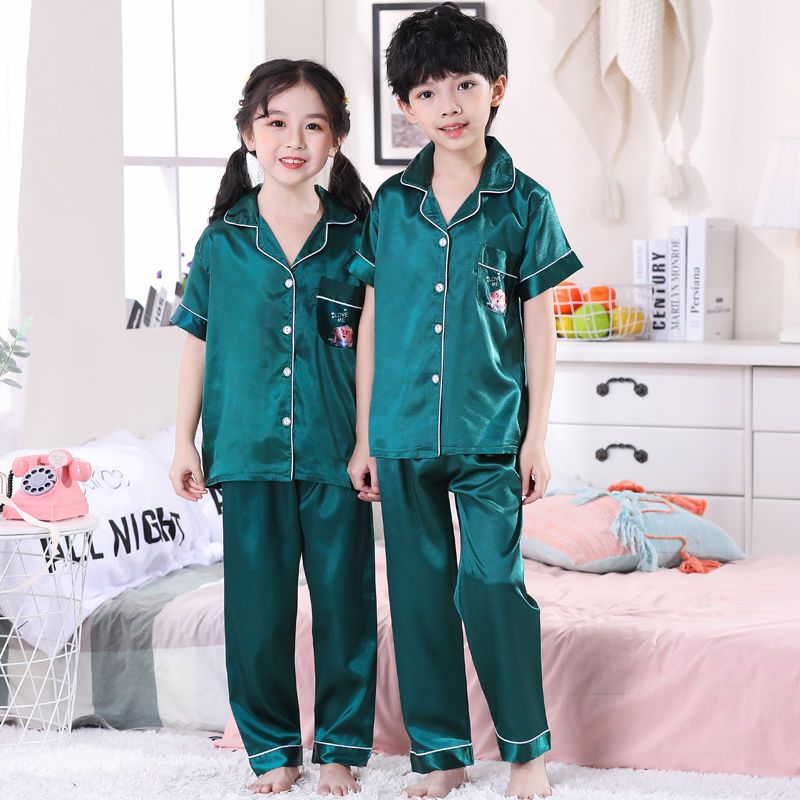 Spring and autumn children's pajamas boys and girls ice silk short-sleeved thin section summer big children simulation silk suit home clothes