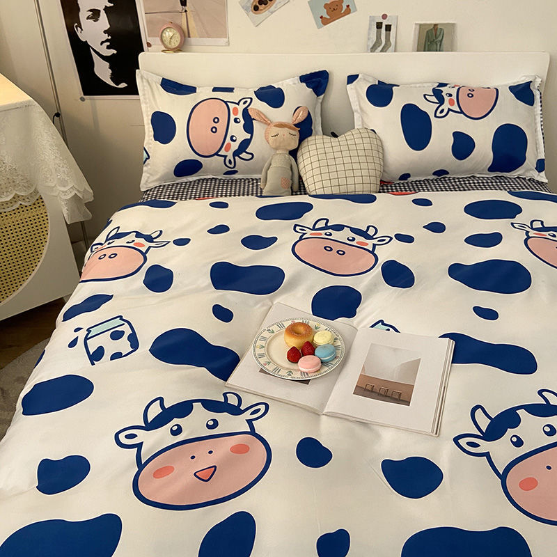 INS Nordic style home textile bedding four-piece cartoon cow quilt cover bed sheet person quilt cover student three-piece set 4