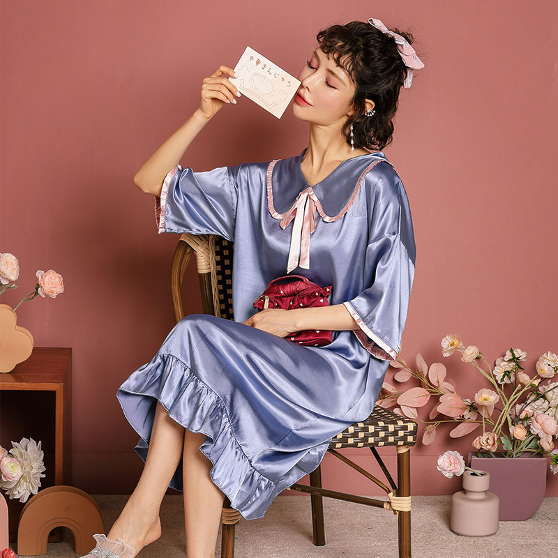 新款睡衣女夏季薄款睡裙可愛甜美孕婦絲綢女士寬鬆夏天家居服韓版