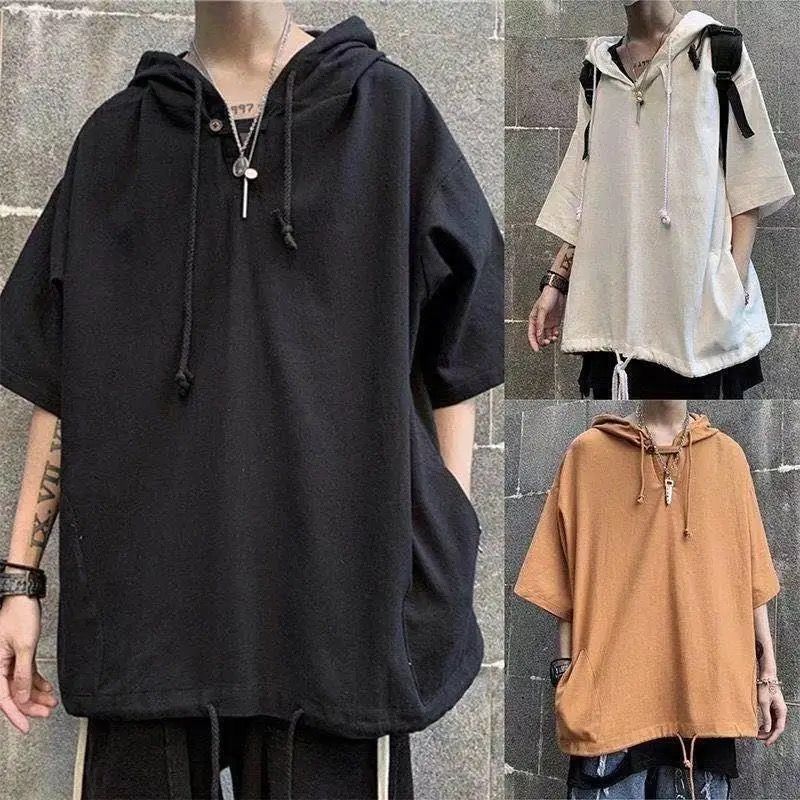 Harajuku Hong Kong Style Men's short sleeve T-shirt loose hooded sweater high street ins trend spirit guy middle sleeve handsome top
