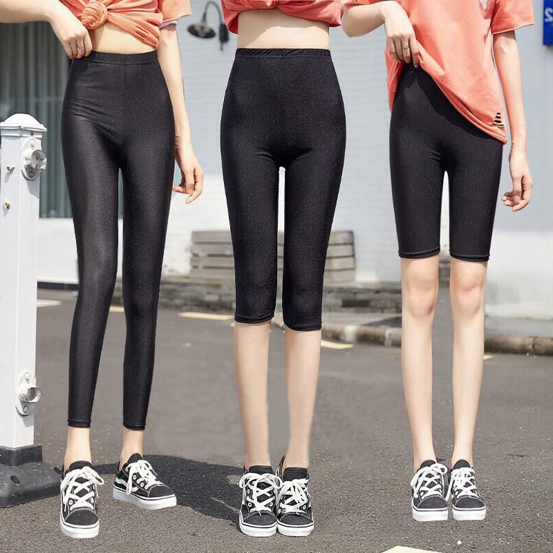 Spring and summer thin glossy pants women's high waist outerwear large size leggings stretch feet nine points small feet pants five points