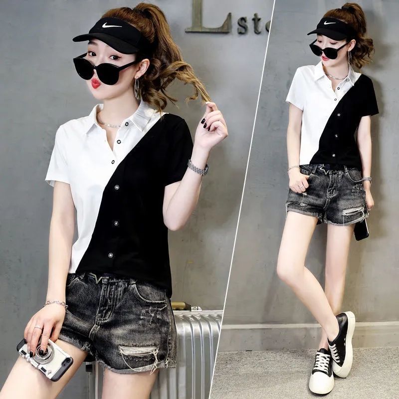 Shirts for women  new summer style Hong Kong style versatile white short-sleeved slim design niche shirt tops