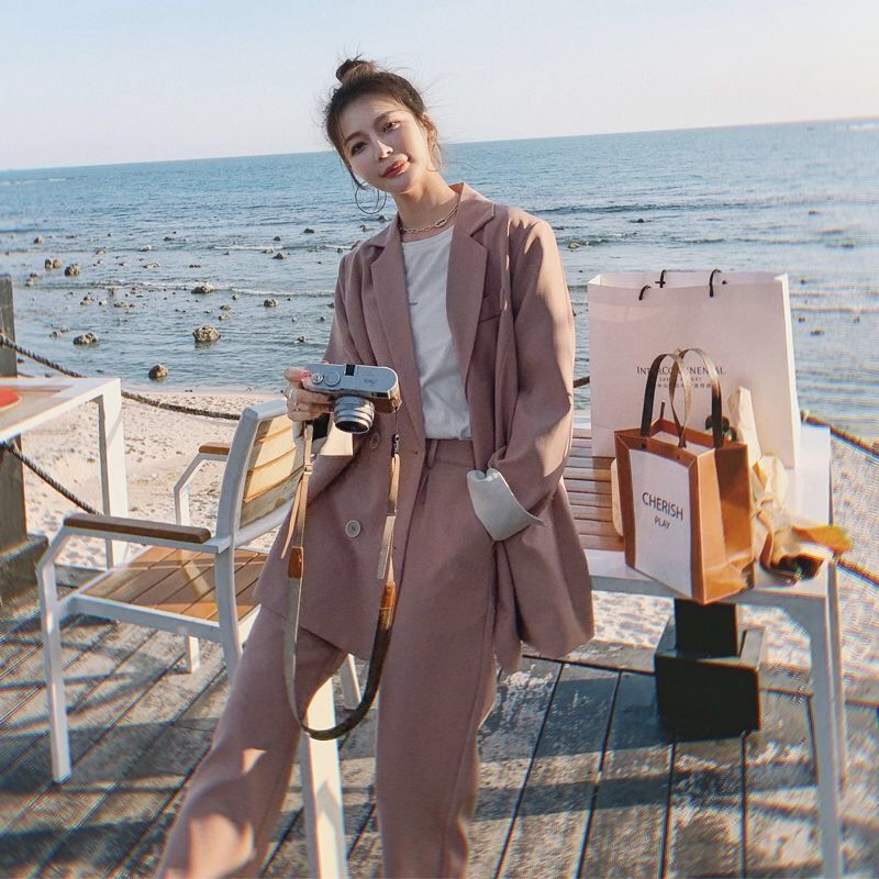 Pink suit female  spring and autumn new Korean version casual loose temperament small man professional wear two-piece suit