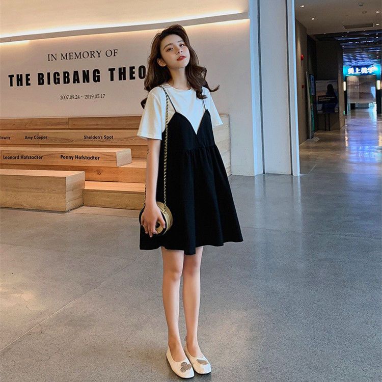 Fat MM Extra Large Size 300 Jin Pregnant Women T-shirt Skirt Summer Loose Cover Belly Hidden Meat Look Thin Fake Two-Piece Dress