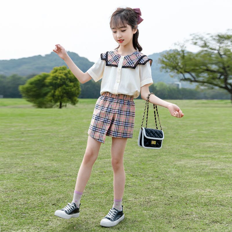 Middle and big children's summer plaid shorts suit foreign style new children's fashionable children's clothing girls summer two-piece set