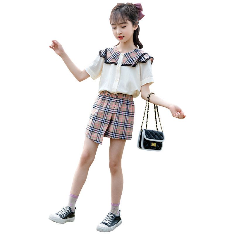 Middle and big children's summer plaid shorts suit foreign style new children's fashionable children's clothing girls summer two-piece set