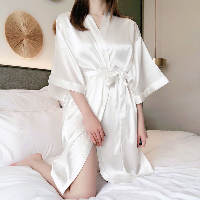 睡衣女夏季冰丝薄款白色性感可爱睡袍裙韩版浴袍式宽松家居服晨袍