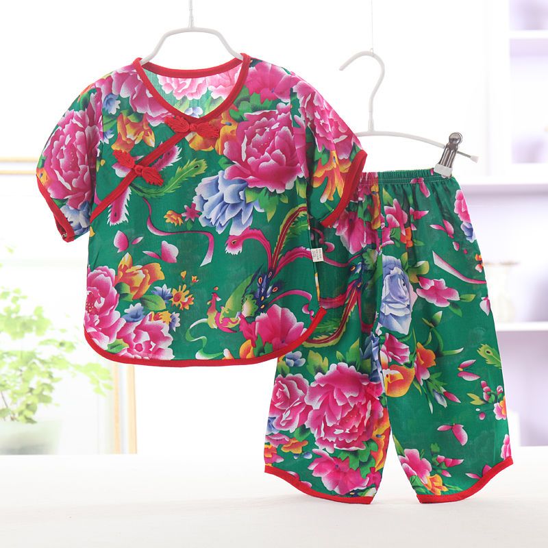 汉服女童套装夏季棉绸短袖两件套中国风唐装民族大花轻薄夏季童装