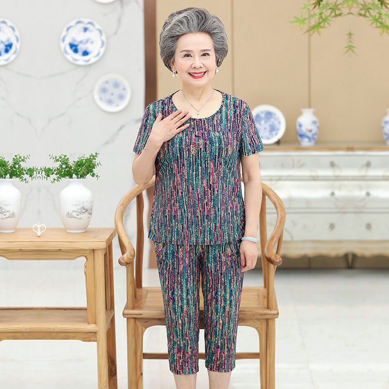 Middle-aged and elderly women's summer clothes, grandma's clothes, summer suits, 60-80-year-old mother's clothes, old lady's two-piece suit